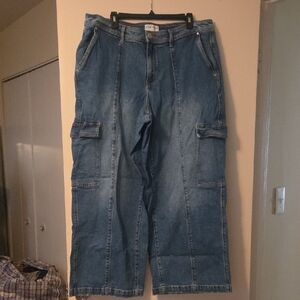 Blue Denim Mid-rise Cargo Pants